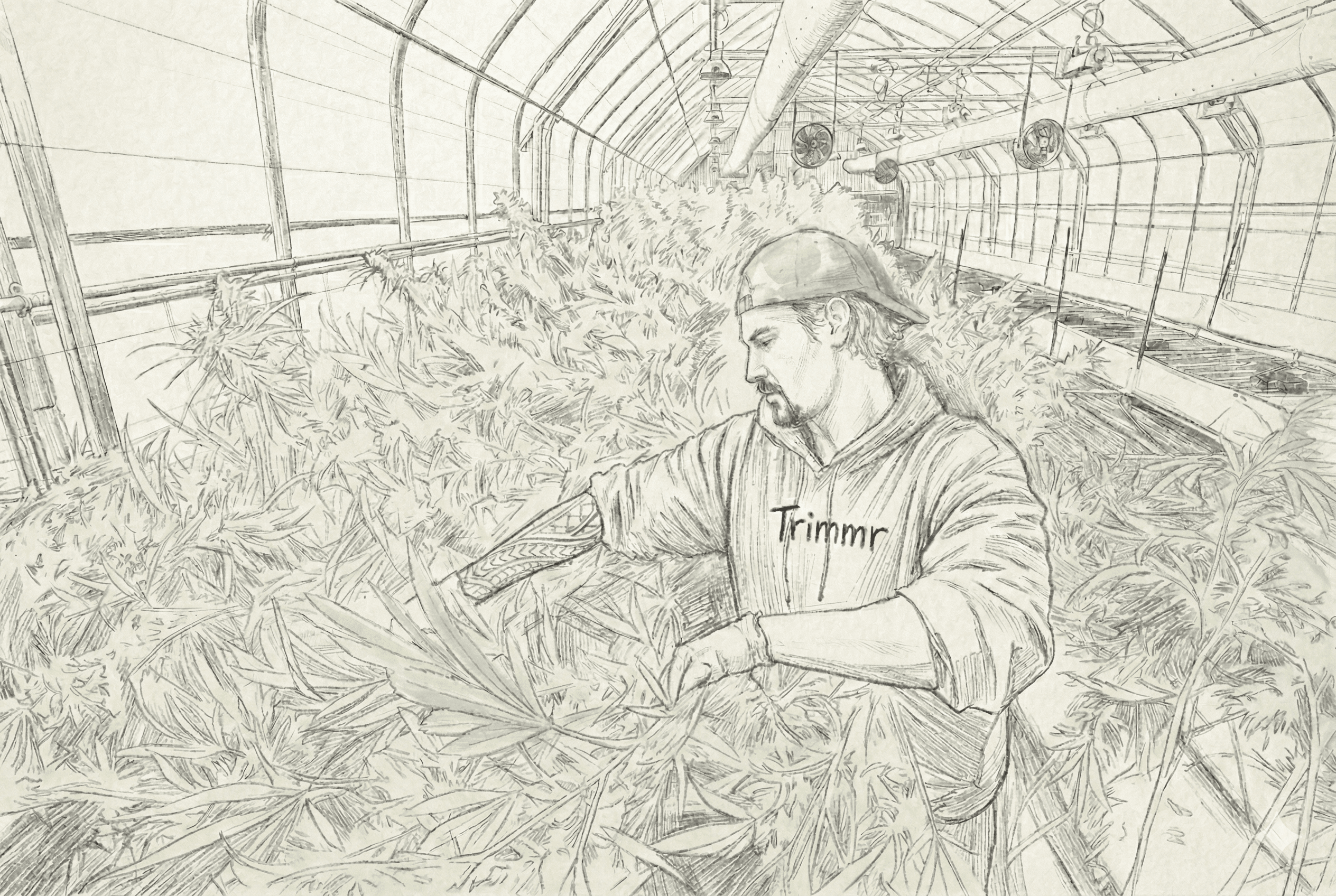 Trimmr worker in cannabis cultivation greenhouse