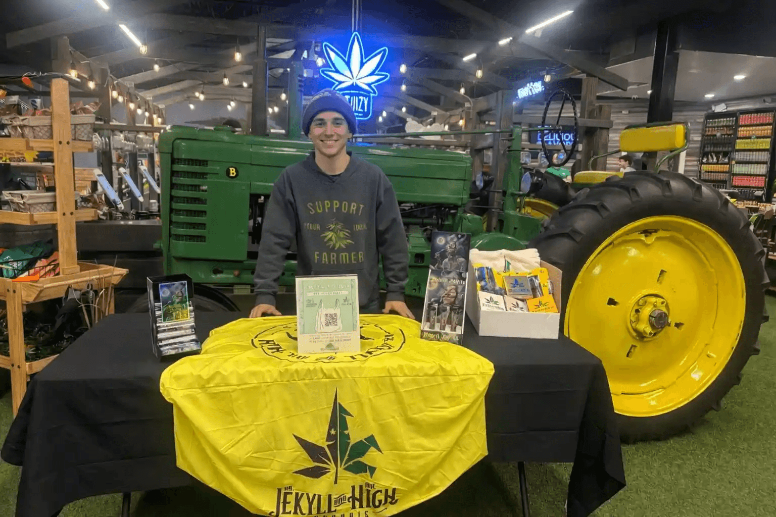 Brand activation at dispensary with branded booth and product display